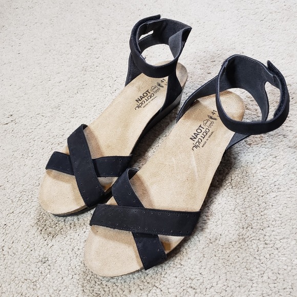 Naot Sandals Womens 41 (10 / 10.5) Casual Open Toe Wedge Slingback Black Leather - Picture 2 of 9